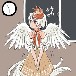 Rule 34 | 1girl, bird, bird tail, bird wings, chalkboard, chick, classroom, clock, commentary request, dress, indoors, interlocked fingers, light blush, looking to the side, motion lines, multicolored hair, neckerchief, niwatari kutaka, orange dress, own hands clasped, own hands together, parted lips, puffy short sleeves, puffy sleeves, red eyes, red hair, red neckerchief, shirt, short hair, short sleeves, solo, standing, tail, touhou, translation request, two-tone hair, wall clock, white hair, white shirt, white wings, wings, yudepii