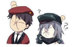 Rule 34 | 1boy, 1girl, ?, bad id, bad twitter id, beret, black hair, collared shirt, commander (girls&#039; frontline), confused, g11 (girls&#039; frontline), girls&#039; frontline, griffin &amp; kryuger military uniform, hat, head bump, jacket, lix (iroiro3843), military jacket, necktie, punched, shirt, silver hair, white background