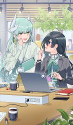 2girls black_hair black_jacket blush book breasts coffee_mug computer cup dragon_girl dragon_horns earrings eyepatch fate/grand_order fate_(series) formal_clothes green_hair green_shirt horns id_card jacket jewelry kiyohime_(fate) lanyard laptop long_hair long_sleeves medium_breasts mochizuki_chiyome_(fate) mug multiple_girls neck_ribbon noko_morokoshi official_art open_mouth purple_eyes ribbon shirt small_breasts smile suit thighs very_long_hair white_shirt yellow_eyes