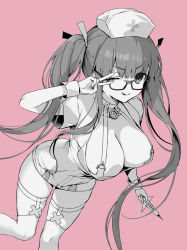 Rule 34 | 1girl, bb (bb shot!) (fate), bb (fate), blush, breasts, choker, cleavage, dress, fate/extra, fate/extra ccc, fate (series), glasses, greyscale, greyscale with colored background, hair ribbon, hat, highres, large breasts, licking lips, long hair, looking at viewer, monochrome, nurse cap, one eye closed, pink background, ribbon, short dress, short sleeves, smile, solo, syringe, thighhighs, thighs, tongue, tongue out, twintails, v, very long hair, vivi (eve no hakoniwa), wrist cuffs