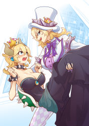 Rule 34 | 2girls, armlet, blonde hair, blue eyes, blush, bow, bowsette, bowtie, breasts, carrying, cleavage, dress, earrings, fangs, genderswap, genderswap (mtf), half-closed eyes, hat, highres, horns, jewelry, large breasts, long sleeves, mario (series), multiple girls, new super mario bros. u deluxe, nintendo, open mouth, pointy ears, ponytail, princess carry, sharp teeth, silversirius, sleeveless, sleeveless dress, spiked armlet, spiked shell, strapless, strapless dress, super crown, super mario odyssey, tail, teeth, thick eyebrows, top hat, tuxedo, wavy mouth