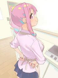 Rule 34 | 1girl, apron, b yone kome, blue hair, blue skirt, commentary, earrings, from behind, gyaru, hair ornament, hair scrunchie, highres, hozuki kaede, indoors, jewelry, light blue hair, long hair, long sleeves, looking at viewer, looking back, multicolored hair, nail polish, onii-chan wa oshimai!, pink eyes, pink hair, pink nails, pleated skirt, scrunchie, shirt, side ponytail, sidelocks, skirt, sleeves rolled up, solo, stud earrings, two-tone hair, tying apron, white shirt, yellow scrunchie