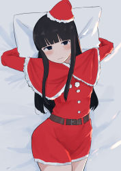 Rule 34 | 1girl, 4me 4ma, absurdres, alternate costume, arms behind head, arms up, bed, bed sheet, black eyes, black hair, blunt bangs, blush, capelet, christmas, closed mouth, dress, fur trim, hat, hatsuyuki (kancolle), highres, hime cut, kantai collection, long hair, long sleeves, looking at viewer, lying, on back, on bed, pillow, red capelet, red dress, santa costume, santa hat, sidelocks, solo