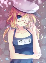 Rule 34 | 10s, 1girl, ;t, adjusting eyewear, bad id, bad pixiv id, blonde hair, glasses, hat, i-8 (kancolle), kantai collection, long hair, one-piece swimsuit, one eye closed, personification, pout, school swimsuit, swimsuit, twintails, venn (vebonbon), wink