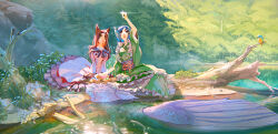Rule 34 | 2girls, animal ears, arm up, blue eyes, blue hair, brooch, brown eyes, brown hair, commentary, dress, drill hair, drill sidelocks, fins, forest, frilled dress, frills, green kimono, head fins, holding, imaizumi kagerou, japanese clothes, jewelry, kimono, lake, log, long hair, looking up, mermaid, monster girl, multiple girls, nature, niy (nenenoa), obi, open mouth, outdoors, sash, scenery, sidelocks, sitting, sparkle, sunlight, touhou, tree, wakasagihime, water, wolf ears, wolf girl