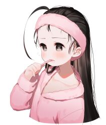 Rule 34 | 1girl, black hair, blush, brushing teeth, collarbone, commentary request, cropped torso, forehead, grey eyes, hand up, highres, holding, holding toothbrush, jacket, long hair, long sleeves, meito (maze), open mouth, original, pink jacket, simple background, solo, toothbrush, upper body, white background
