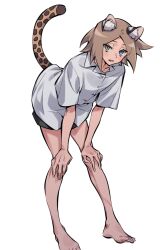 Rule 34 | 1boy, animal ears, black shorts, blue eyes, cat ears, cat tail, cropped legs, fang, green eyes, heterochromia, hunched over, isaac (adey), looking at viewer, male focus, medium hair, original, parted bangs, shirt, shorts, solo, standing, tail, ten (lu2948d), white background, white shirt