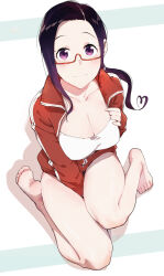 1girl absurdres asymmetrical_sidelocks bare_legs barefoot between_legs black_hair black_panties blush breasts camisole cleavage closed_mouth commentary_request demi-chan_wa_kataritai eringi25 feet glasses gradient_hair hand_between_legs highres jacket large_breasts long_hair long_sleeves looking_at_viewer low_ponytail multicolored_hair no_pants open_clothes open_jacket panties purple_eyes purple_hair red-framed_eyewear red_jacket satou_sakie semi-rimless_eyewear simple_background sitting soles solo toes track_jacket under-rim_eyewear underwear white_background white_camisole zipper