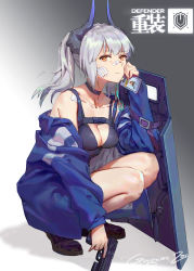 Rule 34 | 1girl, arknights, ballistic shield, bandaid, bandaid on face, bandaid on nose, bare shoulders, black choker, black footwear, blue jacket, breasts, brown eyes, character name, chinese commentary, choker, cleavage, commentary request, franka (arknights), gongxiao zao, gradient background, grey background, gun, hand up, handgun, highres, holding, holding gun, holding weapon, horns, jacket, liskarm (arknights), long hair, long sleeves, looking at viewer, medium breasts, off shoulder, open clothes, open jacket, partial commentary, pistol, ponytail, shield, shoes, silver hair, solo, squatting, translated, weapon, white background