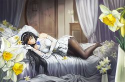 Rule 34 | 1girl, bad id, bad pixiv id, bed, bed sheet, black hair, black legwear, breasts, cleavage, closed eyes, curtains, daffodil, elbow gloves, f and d, flower, flower pot, girls&#039; frontline, gloves, indoors, long hair, lying, pillow, ribbon, see-through, skirt, sleeping, solo, type 95 (girls&#039; frontline)