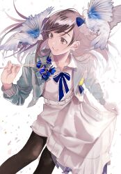 Rule 34 | 1girl, absurdres, belt, bird, black pantyhose, blanket, blue bow, blue jacket, bow, brown eyes, brown hair, confetti, dress, feet out of frame, floating hair, hair bow, hanabasami kyou, highres, holding, holding blanket, jacket, long hair, long sleeves, looking to the side, mikedate, open clothes, open jacket, open mouth, pantyhose, pink dress, re:act, shirt, skirt hold, smile, solo, virtual youtuber, white shirt