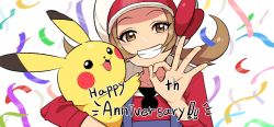 Rule 34 | 0 0box, 1girl, anniversary, blue overalls, blush, bow, brown eyes, brown hair, cabbie hat, creatures (company), game freak, gen 1 pokemon, hat, looking at viewer, lyra (pokemon), nintendo, ok sign, overalls, pikachu, pokemon, pokemon (creature), pokemon hgss, red bow, red shirt, shirt, smile, teeth, twintails, white headwear