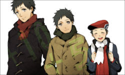 Rule 34 | 00s, 3boys, aged down, aged up, alternate costume, backpack, bag, beret, black hair, black scarf, buttons, closed eyes, coat, creatures (company), double-breasted, game freak, grey eyes, hand in pocket, hat, lucas (pokemon), male focus, multiple boys, multiple persona, nintendo, open mouth, pokemon, pokemon adventures, pokemon dppt, randoseru, red scarf, scarf, smile, t-r-g, time paradox, white background, white scarf, winter clothes