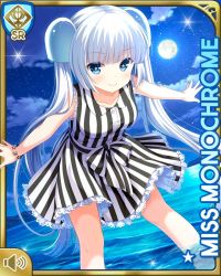 Rule 34 | 1girl, barefoot, beach, blue eyes, blunt bangs, card (medium), character name, dress, full moon, girlfriend (kari), leaning forward, miss monochrome, miss monochrome (character), moon, night, ocean, official art, open mouth, outdoors, qp:flapper, smile, solo, standing, striped clothes, striped dress, tagme, twintails, wading, white dress, white hair