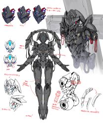 Rule 34 | 1girl, absurdres, armor, cable, character profile, character sheet, donxxxs, full body, highres, joints, mecha musume, mechanical parts, multiple views, original, robot, robot girl, robot joints, science fiction, simple background, solo, standing, white background