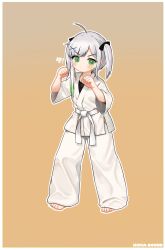 Rule 34 | 1girl, ahoge, barefoot, belt, border, chinese commentary, chinese text, clenched hand, colored tips, commentary request, dougi, full body, green eyes, green hair, highres, kuma-bound, long hair, martial arts belt, multicolored hair, orange background, original, pants, simple background, solo, standing, toes, translation request, two-tone hair, v-shaped eyebrows, white belt, white border, white hair, white pants