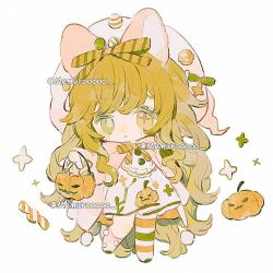 Rule 34 | + -, 1girl, animal ears, ankle socks, asymmetrical legwear, blonde hair, blush stickers, bow, bowtie, bucket, buttons, candy, cat ears, chibi, commentary, floral print, food, green bow, green eyes, green footwear, green thighhighs, hair bow, halloween, halloween bucket, hat, hat bell, hat bow, heterochromia, holding, holding bucket, jack-o&#039;-lantern print, long hair, looking at viewer, lowres, memuro, miniskirt, mismatched legwear, mismatched pupils, multicolored thighhighs, open clothes, open robe, orange bow, orange bowtie, orange robe, orange thighhighs, original, parted lips, pink socks, pleated skirt, pom pom (clothes), robe, shirt, shoes, simple background, single sock, single thighhigh, skirt, skirt set, socks, solo, sparkle, striped bow, striped bowtie, striped clothes, striped thighhighs, symbol-only commentary, thighhighs, twitter username, very long hair, white background, white hat, white shirt, white skirt, white thighhighs, yellow eyes, zettai ryouiki