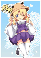 Rule 34 | 1girl, :p, ;p, blonde hair, blue eyes, blush, female focus, flower, hair ribbon, hat, heart, highres, kinoeda, loafers, midriff, moriya suwako, one eye closed, ribbon, shoes, short hair, skirt, solo, speech bubble, thighhighs, tongue, tongue out, touhou, underwear, v, white thighhighs, wide-eyed, wide sleeves
