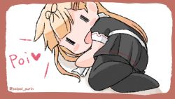 Rule 34 | 1girl, all fours, black pantyhose, black serafuku, black skirt, blush stickers, border, chibi, commentary request, from behind, hair flaps, kantai collection, long hair, looking at viewer, looking back, pantyhose, pink border, poi, poipoi purin, scarf, school uniform, serafuku, simple background, skirt, solo, twitter username, white background, white scarf, yuudachi (kancolle), yuudachi kai ni (kancolle), | |, || ||