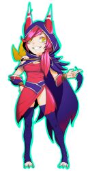 Rule 34 | 1girl, animal ears, breasts, cape, cleavage, dress, dyun, ears through headwear, feathers, full body, grin, hand on own hip, highres, holding, holding feather, hood, hood up, hooded cape, large breasts, league of legends, long hair, ponytail, purple cape, red dress, red hair, rope, simple background, skull, smile, solo, standing, teeth, white background, xayah, yellow eyes