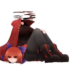 Rule 34 | 1girl, arano oki, black pantyhose, bow, breasts, cape, disembodied head, hair bow, headless, large breasts, long sleeves, pantyhose, red eyes, red hair, sekibanki, short hair, simple background, sitting, skirt, smile, solo, touhou, white background