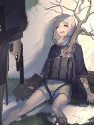 Rule 34 | 2girls, black jacket, black legwear, blood, blood from mouth, brown eyes, bullpup, commentary request, fixro2n, grass, grey shorts, gun, hair between eyes, handgun, highres, holding, holding gun, holding weapon, horizontal magazine, hs2000, jacket, long sleeves, multiple girls, open mouth, original, p90, pantyhose, personal defense weapon, pistol, puffy long sleeves, puffy sleeves, scarf, see-through, short shorts, shorts, sitting, solo focus, standing, submachine gun, suppressor, translucent, tree, trigger discipline, veins, weapon, weapon request, white hair, white scarf