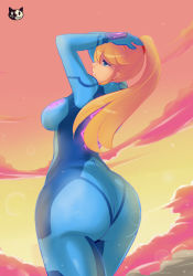 Rule 34 | 1girl, arms up, ass, ayb, blonde hair, blue eyes, bodysuit, breasts, female focus, gradient background, highres, huge ass, large breasts, metroid, nintendo, outdoors, ponytail, samus aran, skin tight, sky, solo, standing, zero suit