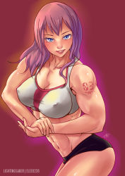 Rule 34 | 1girl, abs, blue eyes, breasts, cleavage, covered erect nipples, elee0228, flexing, highres, large breasts, lips, long hair, megurine luka, muscular, muscular female, pink hair, short shorts, shorts, side chest pose, solo, sports bra, tattoo, tinnies, vocaloid
