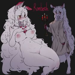 Rule 34 | 1girl, animal ears, bags under eyes, black background, blush, body fur, breasts, candelabra, candle, candlestand, character name, cleft of venus, dark, dress, furry, furry female, highres, horizontal pupils, horns, large breasts, long hair, messy hair, msaeng (00grimza), navel, nipples, nude, open mouth, original, own hands together, pussy, red eyes, sheep ears, sheep girl, sidelighting, simple background, solo, stomach, thighs, very long hair, white fur, white hair
