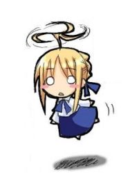 Rule 34 | 00s, 1girl, ahoge, artoria pendragon (all), artoria pendragon (fate), blonde hair, blouse, blush stickers, chibi, chibi only, fate/stay night, fate (series), flying, helicopter hair, helicopterhair, lowres, o o, qvga, saber (fate), shirt, short hair, simple background, solo, white background