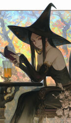 Rule 34 | 1girl, black dress, black hair, book, breasts, dress, earrings, flower, forest, glass, hat, highres, jewelry, large breasts, long hair, looking at viewer, morry, nature, open book, open mouth, original, red eyes, sideboob, sitting, solo, witch, witch hat