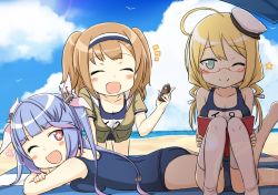 Rule 34 | 3girls, ^ ^, all fours, beach, blonde hair, blue hair, blue sky, blue one-piece swimsuit, bottle, breasts, brown eyes, cleavage, closed eyes, cloud, day, engiyoshi, closed eyes, facing viewer, full body, glasses, green eyes, hair ribbon, hairband, hat, i-19 (kancolle), i-26 (kancolle), i-8 (kancolle), kantai collection, light brown hair, long hair, looking at viewer, lotion, low twintails, lying, medium breasts, multiple girls, name tag, on stomach, one-piece swimsuit, one eye closed, outdoors, peaked cap, red-framed eyewear, red eyes, ribbon, sailor collar, sailor hat, school swimsuit, semi-rimless eyewear, short sleeves, sitting, sky, smile, star-shaped pupils, star (symbol), sunscreen, swimsuit, swimsuit under clothes, symbol-shaped pupils, thighhighs, tri tails, twintails, two-tone hairband, two side up, under-rim eyewear, white legwear, white sailor collar