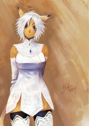 Rule 34 | 1girl, animal ears, blue eyes, breasts, cat ears, cat girl, cat tail, cowboy shot, doraeshi, dress, elbow gloves, facial mark, final fantasy, final fantasy xi, gloves, highres, looking at viewer, medium breasts, mithra (ff11), short hair, simple background, solo, tail, thighhighs, whisker markings, white dress, white gloves, white hair