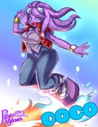 Rule 34 | 1girl, agawa ryou, alien, artist name, awesomenauts, back to the future, bad id, bad tumblr id, blue eyes, bracelet, breasts, cleavage, coco nebulon, colored skin, cosplay, denim, eyewear on head, hoverboard, jeans, jewelry, large breasts, lips, lipstick, long hair, makeup, marty mcfly, marty mcfly (cosplay), pants, purple hair, purple skin, shoes, sneakers, solo, sunglasses, tentacle hair, vest, watch, wristwatch