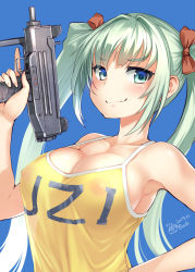 Rule 34 | 1girl, blue background, blush, bosshi, breasts, camisole, closed mouth, collarbone, covered erect nipples, fang, girls&#039; frontline, green eyes, green hair, gun, highres, holding, holding gun, holding weapon, large breasts, long hair, looking at viewer, machine pistol, micro uzi, micro uzi (dorky sleepyhead) (girls&#039; frontline), micro uzi (girls&#039; frontline), official alternate costume, simple background, skin fang, solo, trigger discipline, twintails, upper body, weapon, yellow camisole