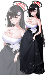 Rule 34 | 1girl, absurdres, black hair, black skirt, blue archive, breasts, cleavage, closed mouth, earrings, floral print, hair ornament, halo, hand on own chest, hee (user ykux4248), highres, jewelry, large breasts, long hair, looking at viewer, multiple views, print skirt, red eyes, rio (blue archive), simple background, skirt, smile, white background, zoom layer