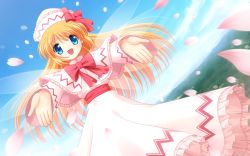 Rule 34 | 1girl, blonde hair, blue eyes, cherry blossoms, female focus, hat, lily white, long hair, s nyaau, solo, touhou, wallpaper