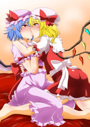 Rule 34 | 2girls, ass, bat wings, blonde hair, blush, breasts, commentary request, dress, flandre scarlet, frilled dress, frilled hat, frills, hat, highres, hug, incest, kiss, looking at another, mob cap, multiple girls, purple hair, red dress, red eyes, remilia scarlet, saliva, shiraue yuu, short hair, small breasts, sweat, touhou, wings, yuri