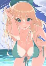 Rule 34 | 10s, 1girl, :p, atago (kancolle), bikini, blonde hair, blue eyes, breasts, cleavage, hat, huge breasts, kantai collection, leaning, leaning forward, long hair, looking at viewer, sensen, solo, swimsuit, tongue, tongue out