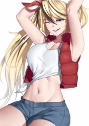 Rule 34 | 1girl, armpit peek, arms up, blonde hair, breasts, character request, cleavage, collarbone, copyright request, denim, denim shorts, feet out of frame, green eyes, hair ribbon, highres, large breasts, long hair, midriff, multicolored hair, navel, one eye closed, open mouth, parted lips, ponytail, red vest, rev60, ribbon, shirt, short shorts, shorts, simple background, smile, solo, stomach, streaked hair, tank top, teeth, thighs, tied shirt, tongue, upper teeth only, vest, white background, zipper