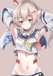 Rule 34 | 1girl, absurdres, arm strap, armpits, arms behind head, arms up, ayanami (azur lane), azur lane, bare shoulders, belt, blush, breasts, brown background, buckle, closed mouth, collar, detached sleeves, groin, hair between eyes, hair ornament, headgear, highres, long hair, looking at viewer, midriff, navel, no bra, ponytail, red eyes, sak (lemondisk), school uniform, serafuku, shirt, short eyebrows, sidelocks, silver hair, simple background, skirt, small breasts, solo, stomach, underboob, white shirt, wide sleeves