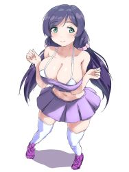 Rule 34 | 1girl, :&gt;, bare shoulders, bikini, bikini top only, blush, breasts, cleavage, closed mouth, eyebrows hidden by hair, feet, female focus, full body, green eyes, hands up, highres, large breasts, legs, long hair, looking at viewer, love live!, love live! school idol project, midriff, navel, parted bangs, purple hair, revealing clothes, shoes, simple background, skirt, smile, solo, standing, swimsuit, thighhighs, thighs, tojo nozomi, twintails, uzumi (uzumi yosi), white background