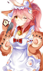 Rule 34 | 10s, 1girl, ?, animal ears, animal hands, apron, bell, blush, bow, breasts, cat hair ornament, claws, cleavage, collar, fate/extra, fate/grand order, fate (series), fox ears, gloves, hair bow, hair ornament, hand on another&#039;s head, head pat, headpat, holding, holding spoon, jingle bell, long hair, maid headdress, naked apron, neck bell, one eye closed, orange eyes, paw gloves, peanuts (asd313175), pink hair, pocket, ponytail, red bow, simple background, solo focus, spoon, tail, tamamo (fate), tamamo cat (fate), tamamo cat (third ascension) (fate), tamamo no mae (fate/extra), white background, yellow eyes