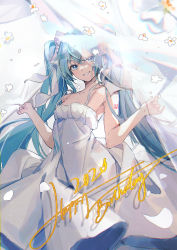 Rule 34 | 1girl, 2020, :d, bare arms, bare shoulders, blue eyes, blue hair, bow, collarbone, commentary, curtains, douya (233), dress, feet out of frame, flower, grin, hair bow, happy birthday, hatsune miku, holding, long hair, looking at viewer, number tattoo, open mouth, shoulder tattoo, sleeveless, sleeveless dress, smile, solo, standing, symbol-only commentary, tattoo, teeth, twintails, very long hair, vocaloid, white bow, white dress, white flower