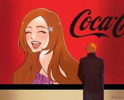 1boy 1girl absurdres alternate_costume artist_name bare_shoulders bleach blush closed_eyes coca-cola commentary english_commentary hair_ornament hands_in_pockets highres inoue_orihime kurosaki_ichigo lips lipstick long_hair long_sleeves luvlyroseve makeup meme open_mouth orange_hair red_lips short_hair smile spiked_hair standing teeth twitter_username veil_(manga) veil_scene_14_redraw_(meme)