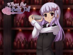 Rule 34 | 1girl, bartender, bottle, bow, brown eyes, geewhy, hair bow, kagra frederique, lilium noire, long hair, purple hair, smile, solo, when the bells toll