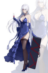 Rule 34 | 1girl, absurdres, ak-15 (girls&#039; frontline), bare shoulders, black thighhighs, blue dress, blue footwear, blue gloves, bow, braid, breasts, cleavage, closed mouth, collarbone, covered navel, cup, dress, dress bow, drinking glass, elbow gloves, french braid, girls&#039; frontline, gloves, hair over eyes, high heels, highres, holding, holding cup, jewelry, long hair, medium breasts, necklace, one eye covered, purple eyes, silver hair, simple background, solo, standing, thighhighs, weapon case, wine glass, wsfw