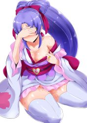 Rule 34 | 10s, 1girl, alternate form, avy417, bad id, bad pixiv id, bare shoulders, blush, bow-shaped hair, breasts, brooch, covering own eyes, cure fortune, cure fortune (anmitsu komachi), happinesscharge precure!, heart, heart brooch, hikawa iona, japanese clothes, jewelry, long hair, medium breasts, ponytail, precure, purple hair, simple background, smile, solo, sweat, thighhighs, white background, wide ponytail