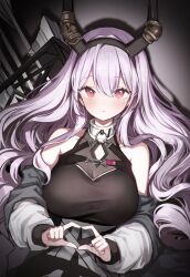Rule 34 | 1girl, absurdres, arknights, arrow (projectile), black hairband, blush, breasts, hairband, heart, heart hands, highres, horns, jacket, large breasts, long hair, purple eyes, purple hair, quiver, seorang, typhon (arknights)