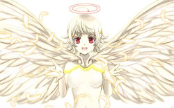 Rule 34 | 1girl, :d, ahoge, angel, angel wings, breasts, circlet, colored eyelashes, colored skin, commentary request, feathers, gold trim, halo, highres, looking at viewer, medium breasts, nasse, navel, open mouth, platinum end, red eyes, short hair, smile, solo, tatemori, teeth, upper teeth only, white background, white hair, white skin, wings